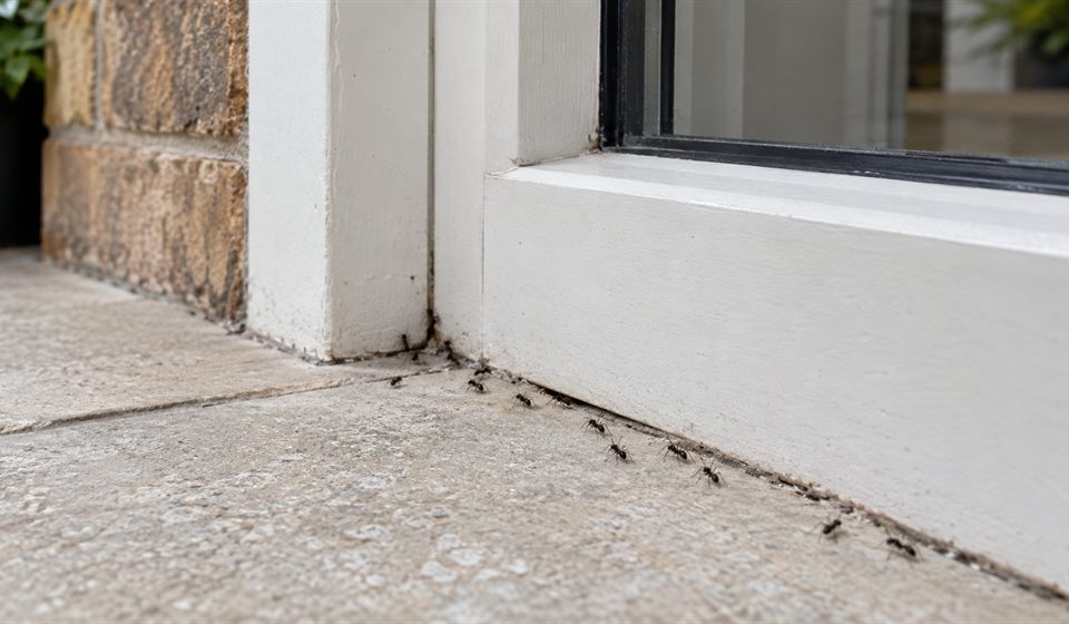 Ant trail entering beside a patio door