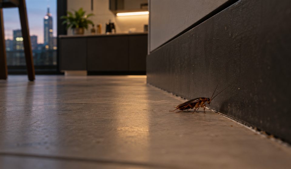 Cockroach beside a kitchen skirting board