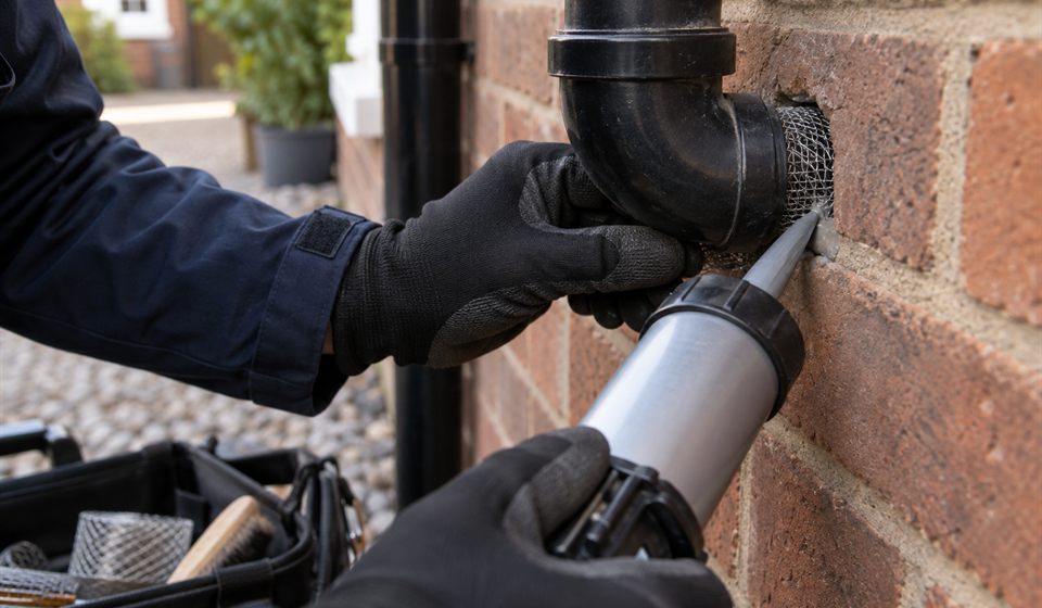 Technician sealing a pipe gap with pest-proof mesh