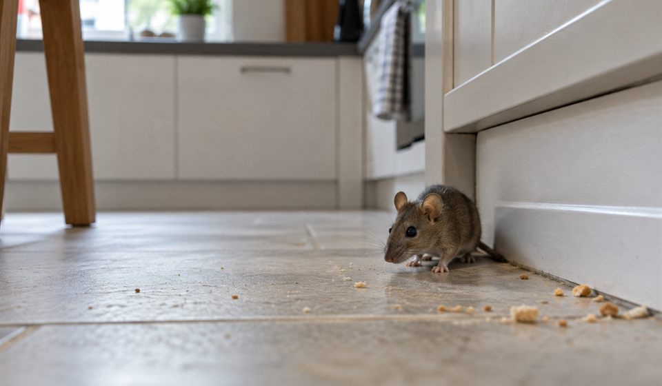House mouse beside a kitchen skirting board